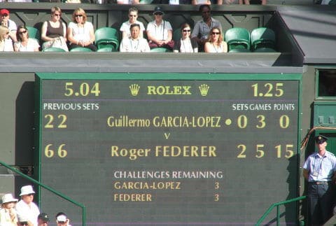 Placar de jogo de tênis de Roger Federer em Wimbledon