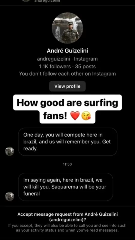 Australiano que venceu Gabriel Medina no Surf Ranch posta ameaça de morte sofrida