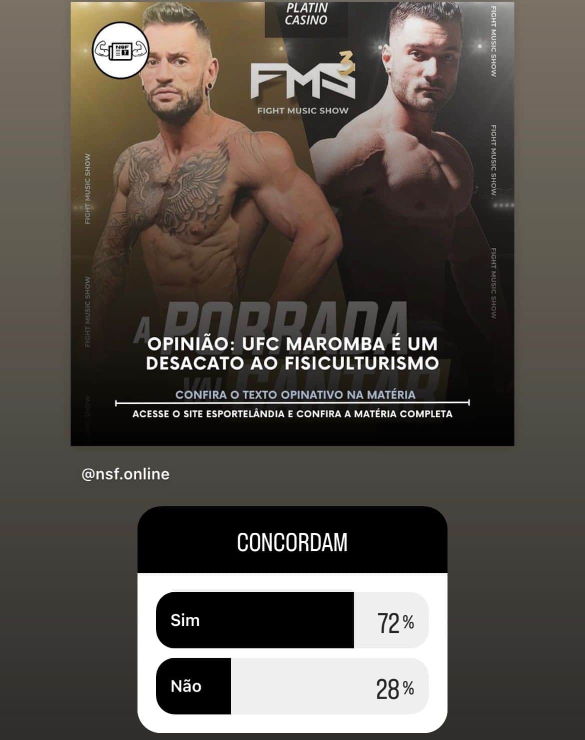 Mais de 70% do público é contra luta entre fisiculturistas