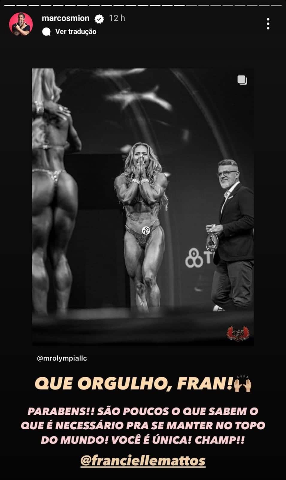 Marcos Mion manda recado emocionante para brasileira Francielle Mattos, tricampeã do Mr. Olympia