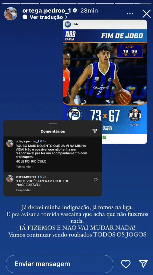 Diretor do Vasco, Pedro Ortega é suspenso pela LNB após publicações nas redes sociais