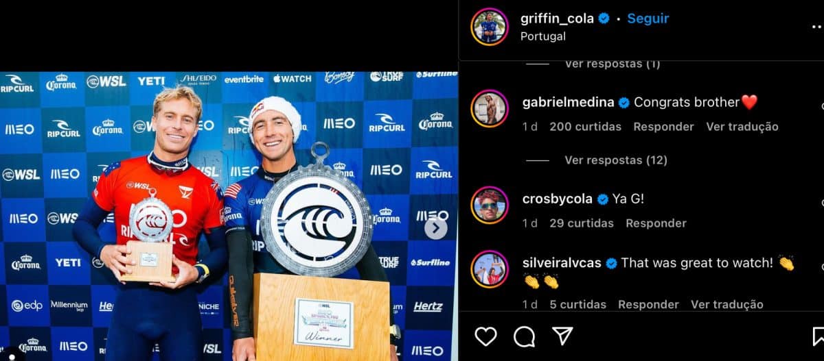 Sem mágoas! Gabriel Medina parabeniza algoz campeão em Portugal