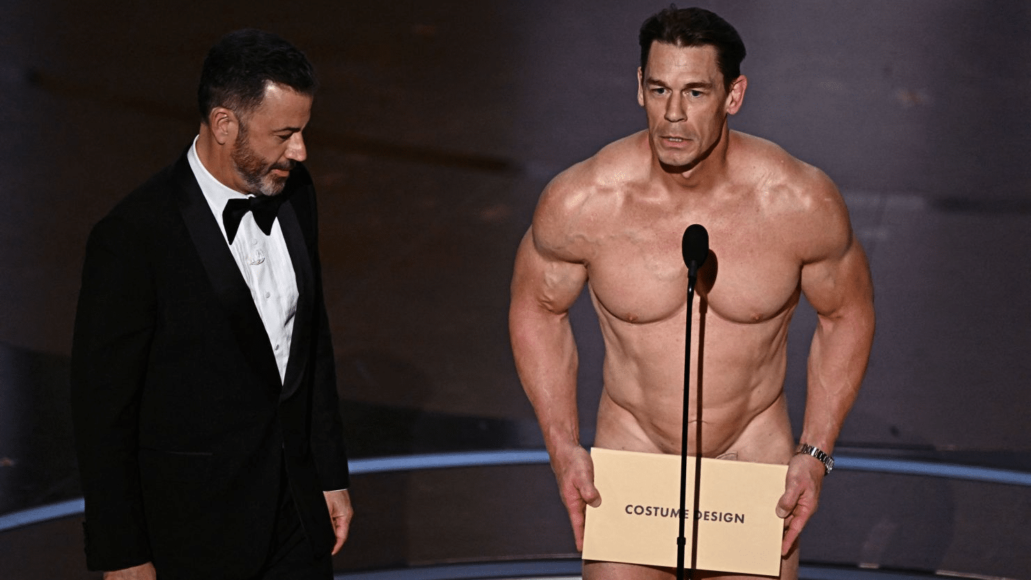 John Cena e Jimmy Kimmel no palco do Oscar 2024
