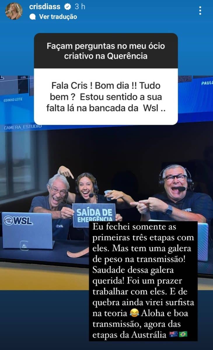 O que aconteceu com Cris Dias na WSL? Jornalista responde após ausência em Bells