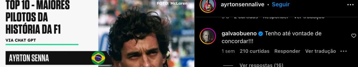 Galvão Bueno engaja em top 10 de pilotos da F1 feito por Inteligência Artificial