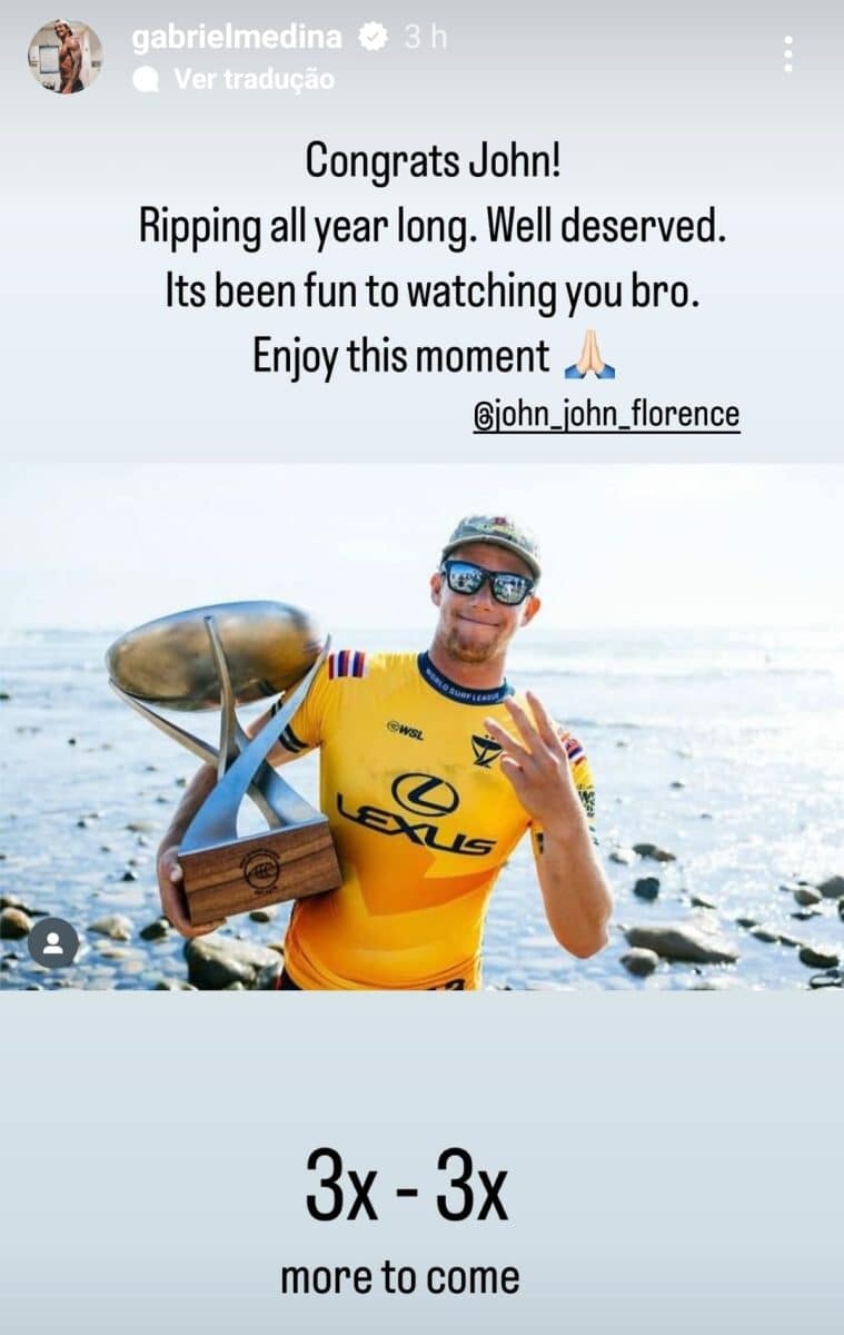 Gabriel Medina reage ao título de John John Florence e faz aviso: “Mais por vir”