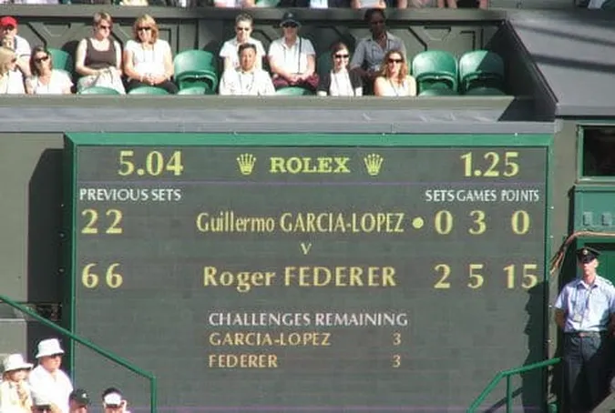 Placar de jogo de t&ecirc;nis de Roger Federer em Wimbledon