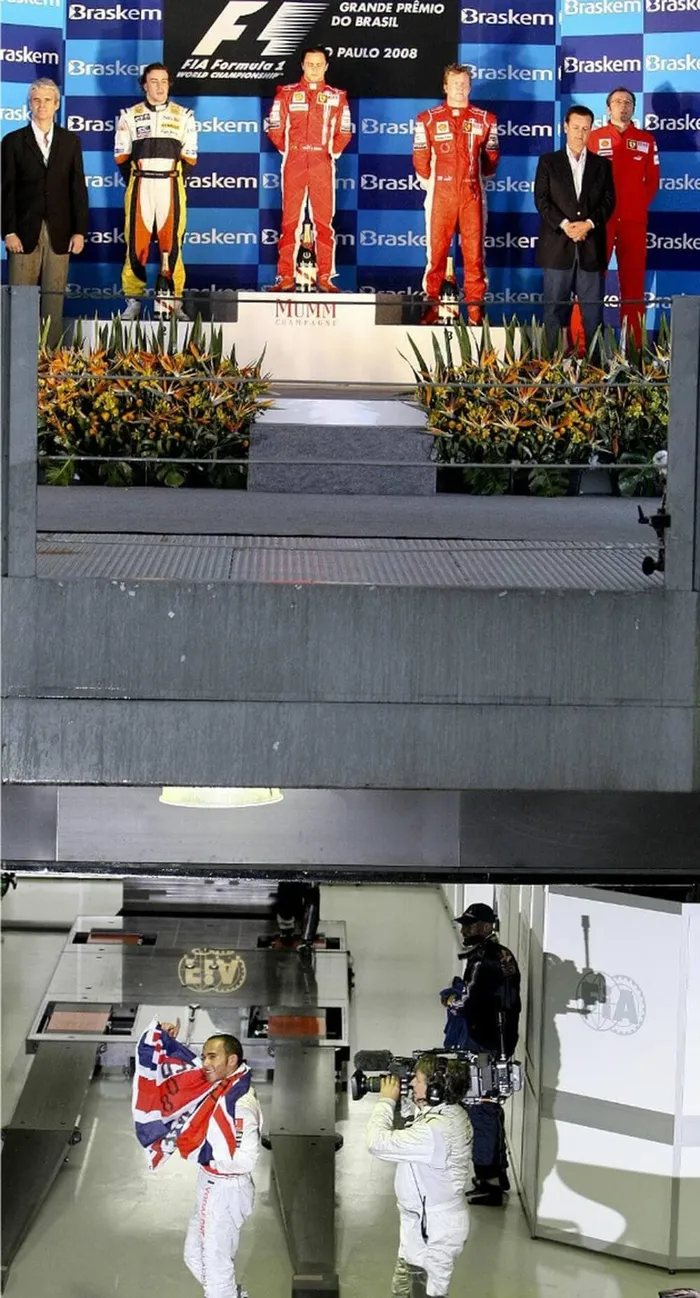 Felipe Massa e Lewis Hamilton no GP do Brasil de 2008,piloto britânico foi campeão da Fórmula 1
