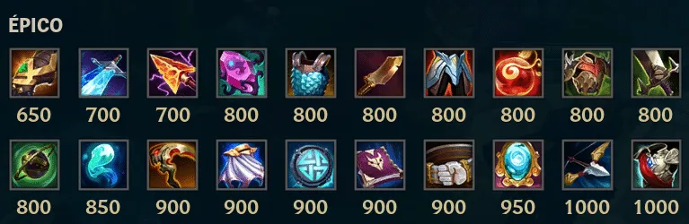 list de itens epicos lol