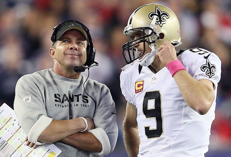 Sean Payton e Drew Brees no New Orleans Saints