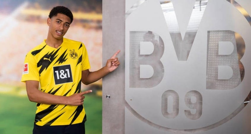 Foto do anúncio da contratação do meia Bellingham no Borussia Dortmund