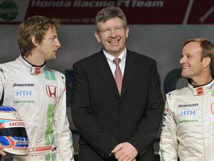Ross Brawn apresentando Button e Barrichello na Brawn GP