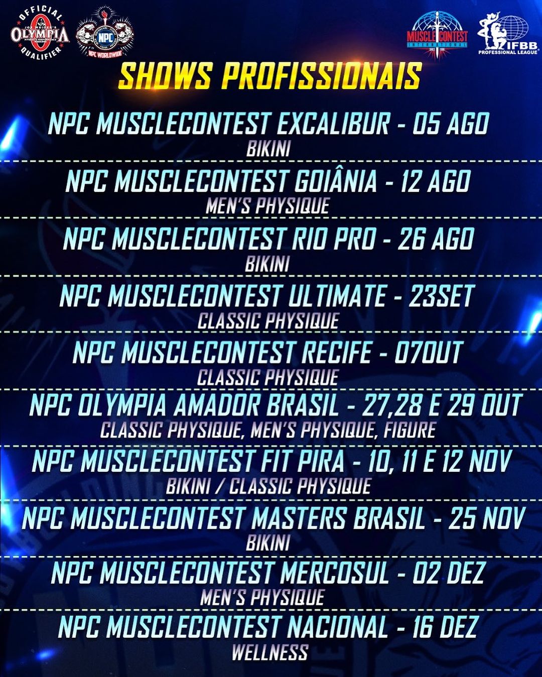 calendário muscle contest 2023 shows profissionais