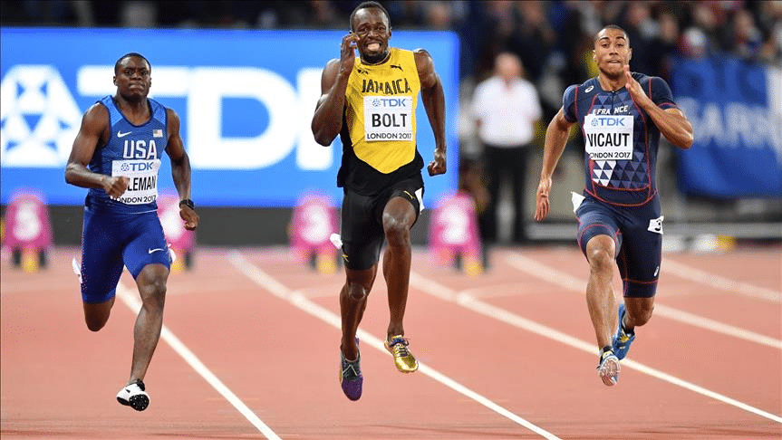 Usain Bolt em sua última corrida profissional em 2017